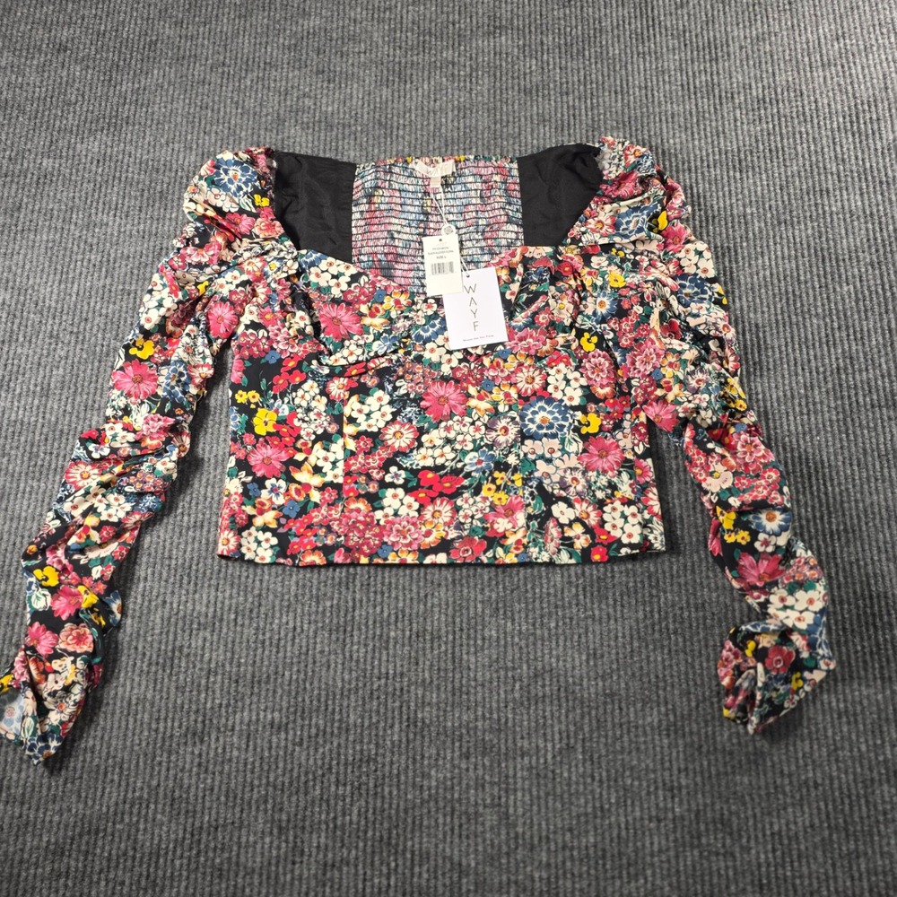 WAYF Black Allover Floral Smocked Back Ruched Long Sleeve Crop Top 71131WCH